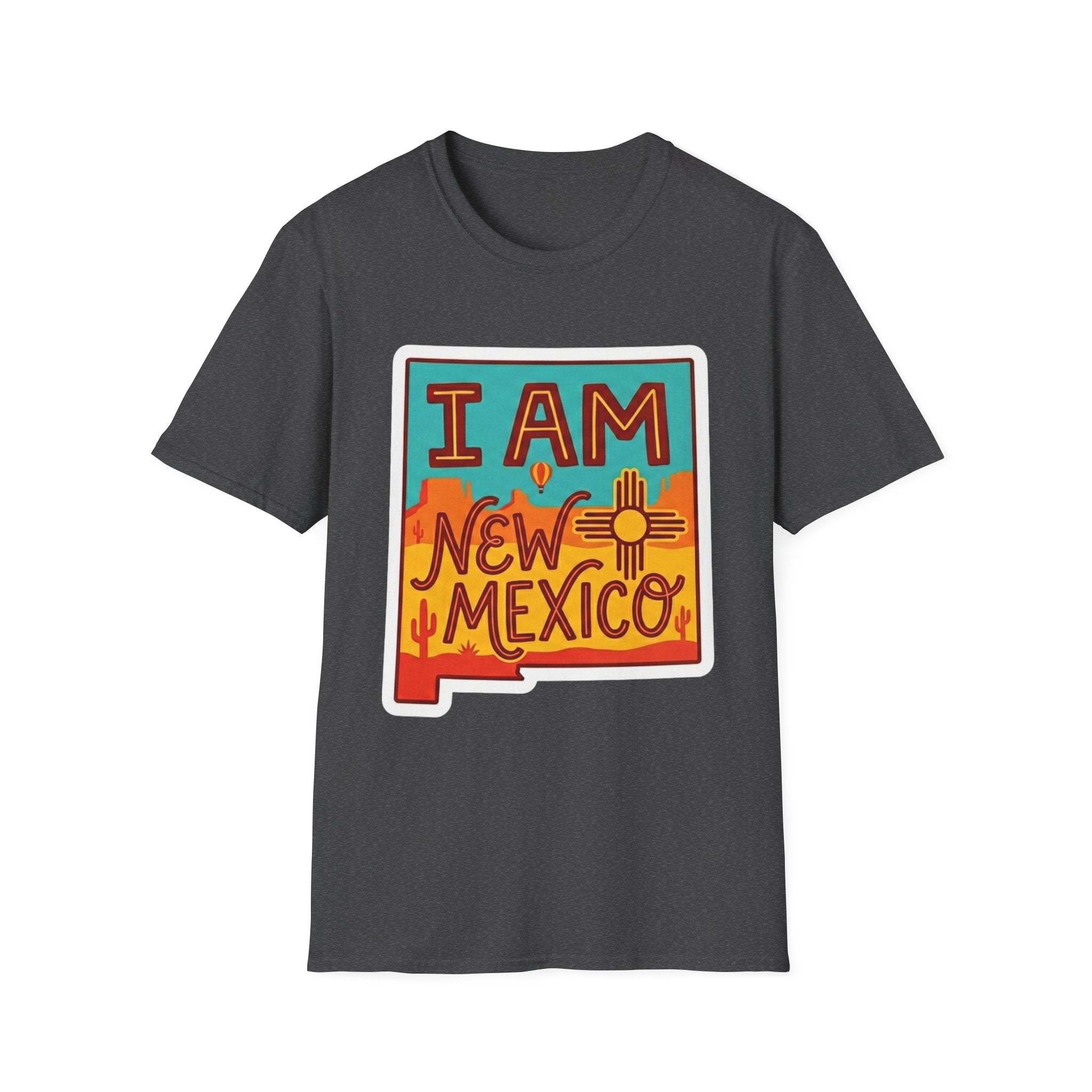 Charcoal grey T-shirt with “I AM New Mexico” state pride graphic on the chest
