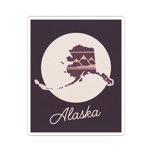Square Alaska silhouette kiss-cut vinyl decal with moon circle, mauve map lines, cursive Alaska