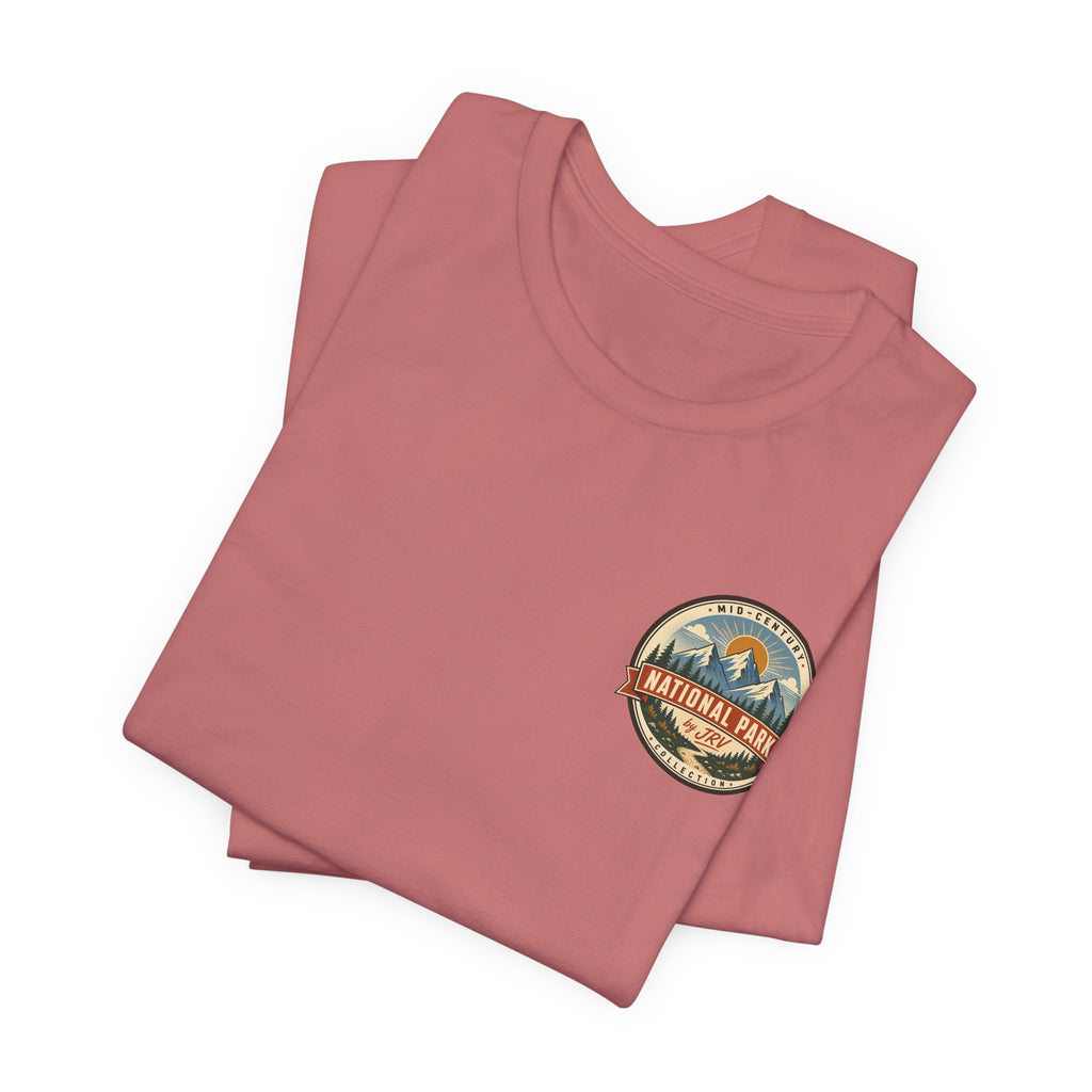Dusty rose crew-neck T-shirt, stack view, with small round national park badge