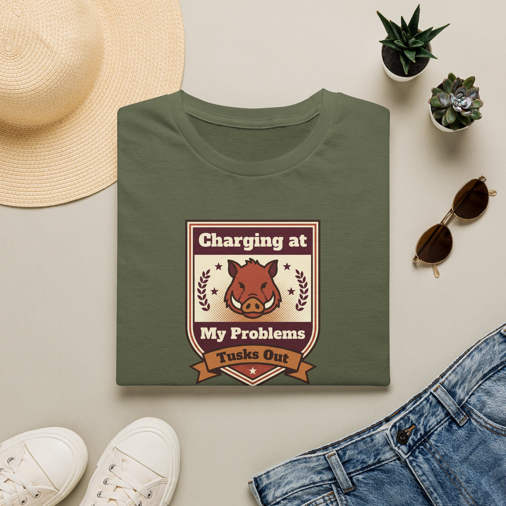 Funny Boar T-Shirt | Charging at My Problems Tusks Out Crest Graphic Tee | Wild Boar Lover Gift