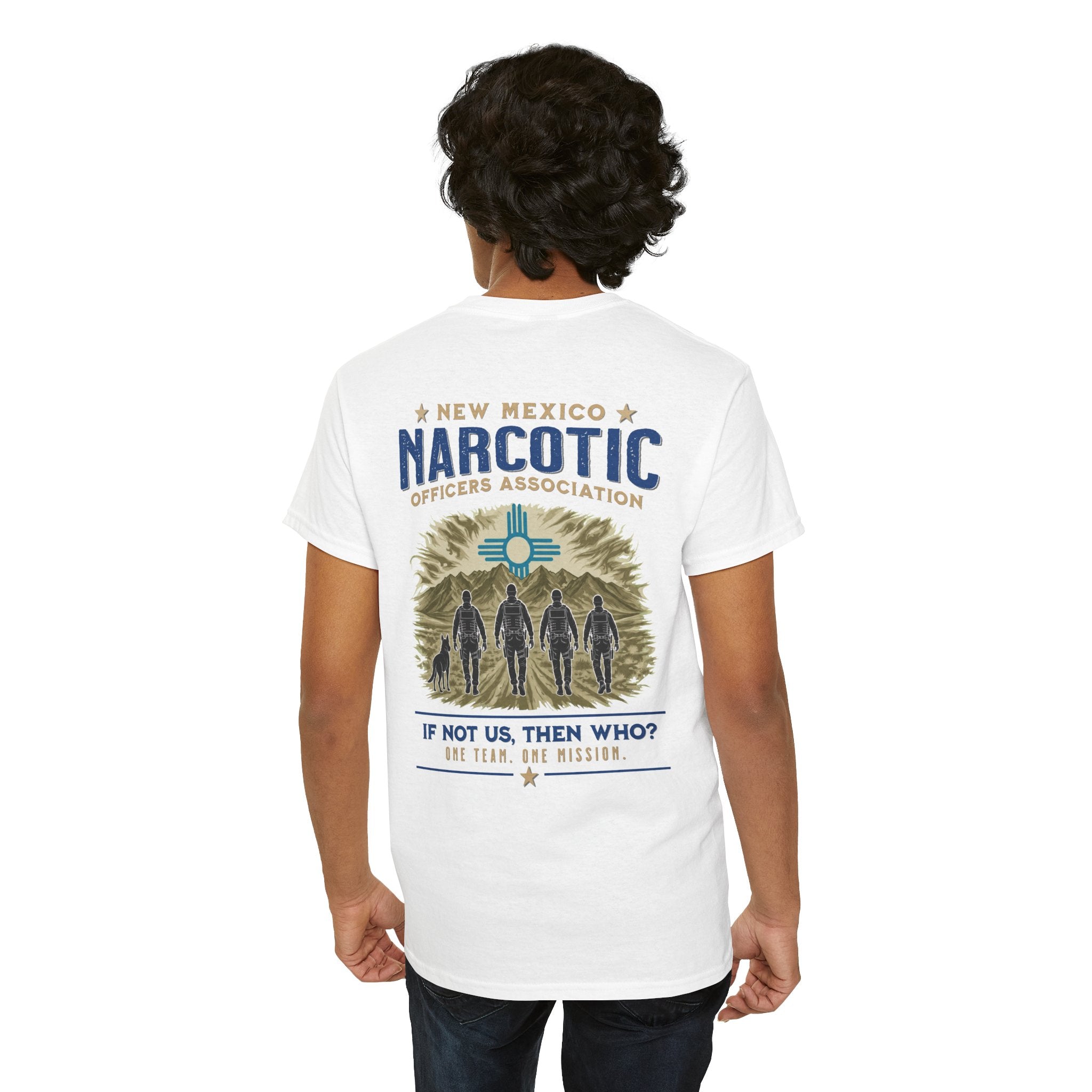 White crewneck t-shirt with large back print featuring officers and slogan