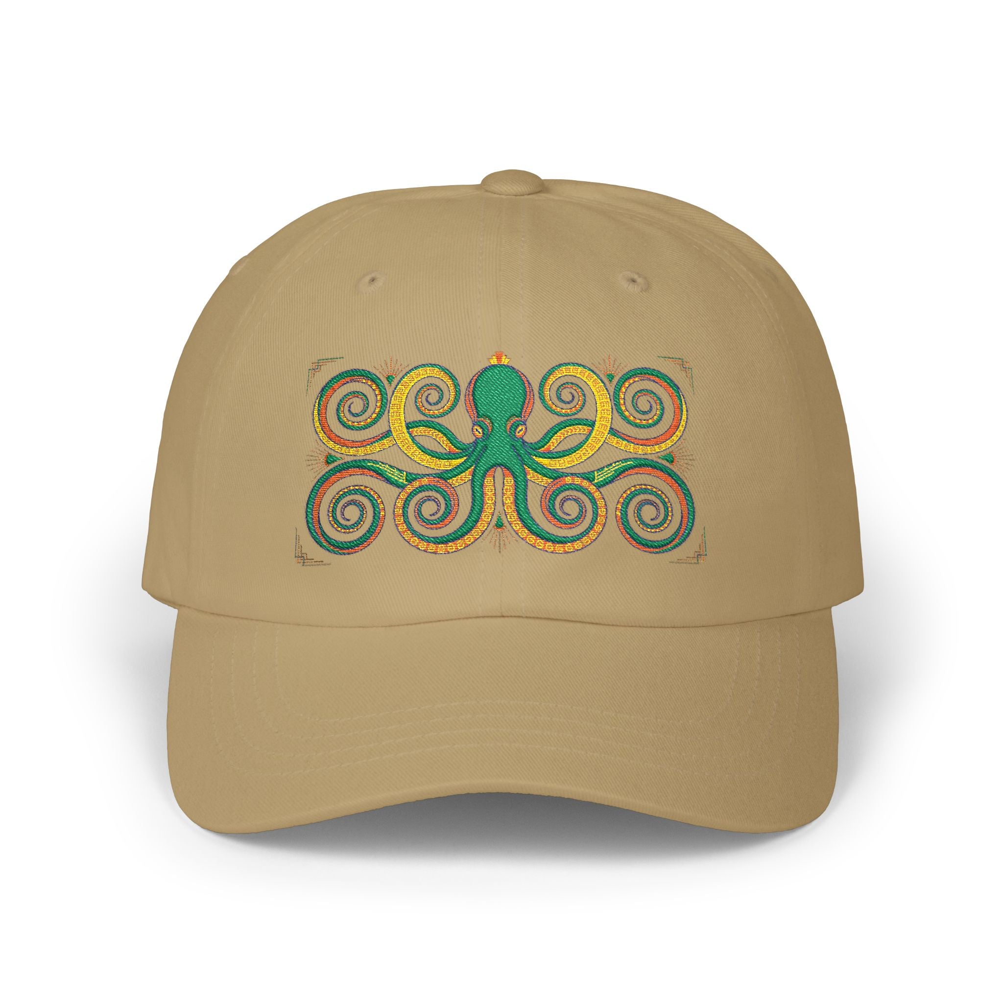 Octopus Swirl Dad Cap — Nautical Green & Gold Embroidered Baseball Hat
