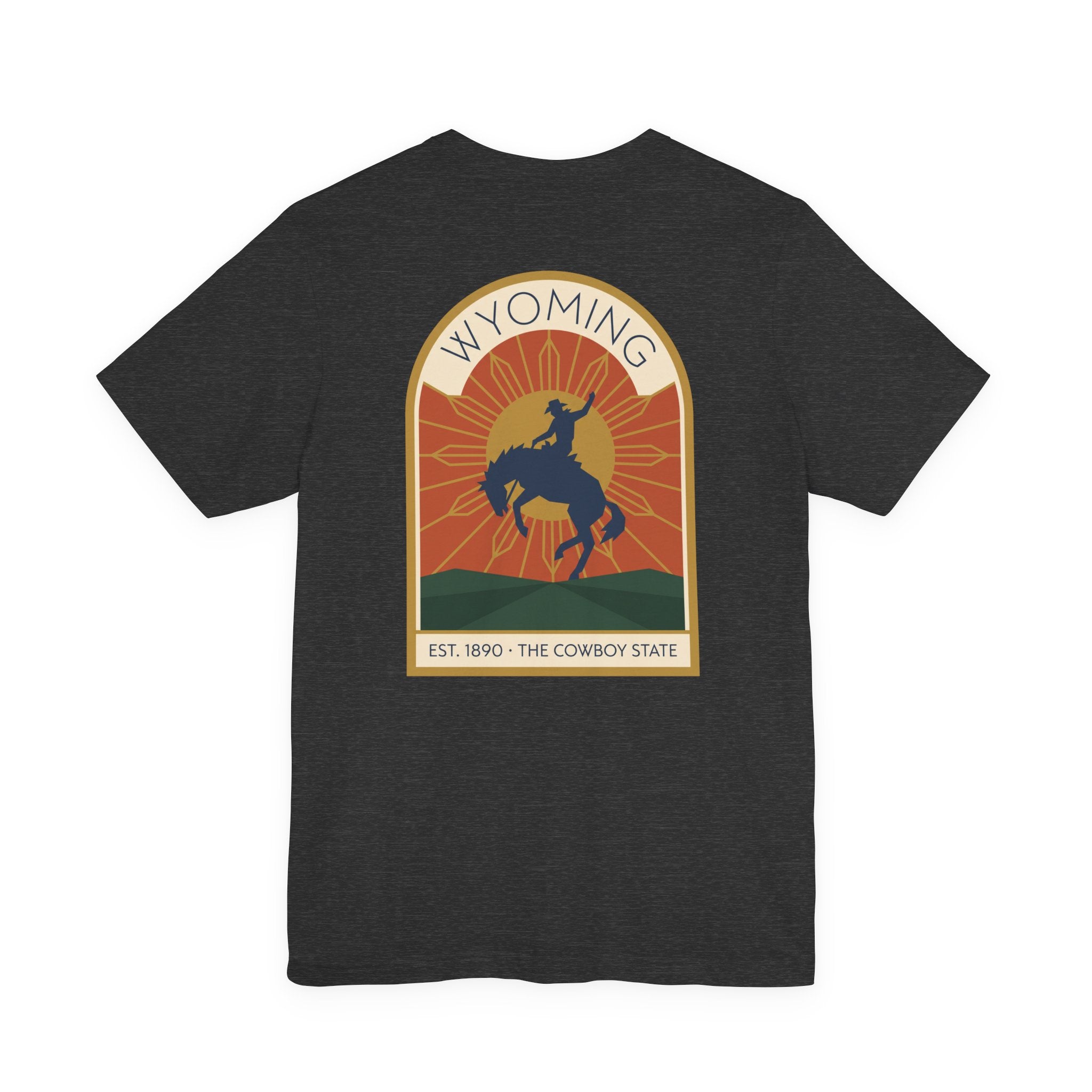 Charcoal heather T-shirt with Wyoming rodeo bucking bronco graphic on front