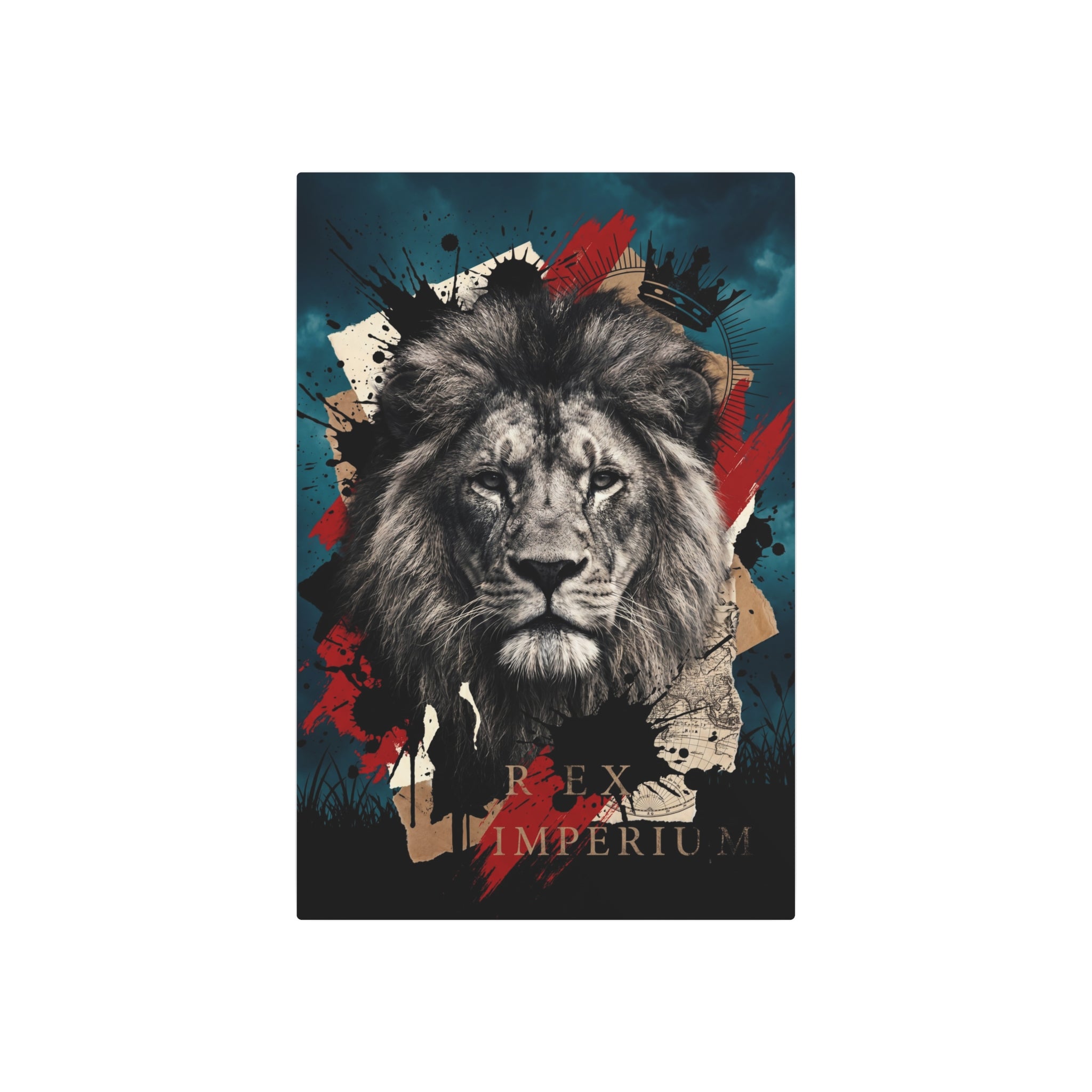 Löwenportrait als Poster: schwarz-grau, mit teal Hintergrund und roten Spritzern