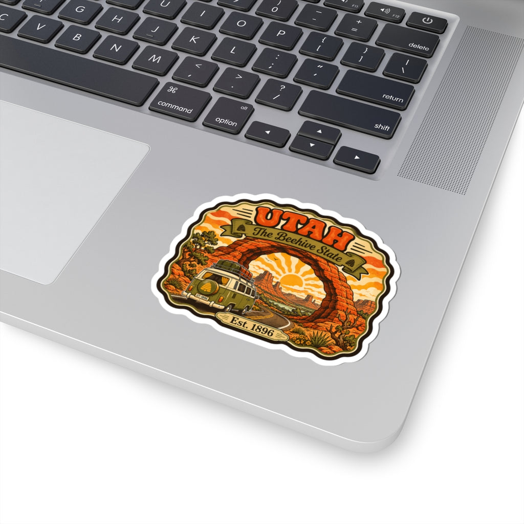 Utah vintage sticker with kiss-cut border; desert canyon arch, van, sunrise sun, Est. 1896