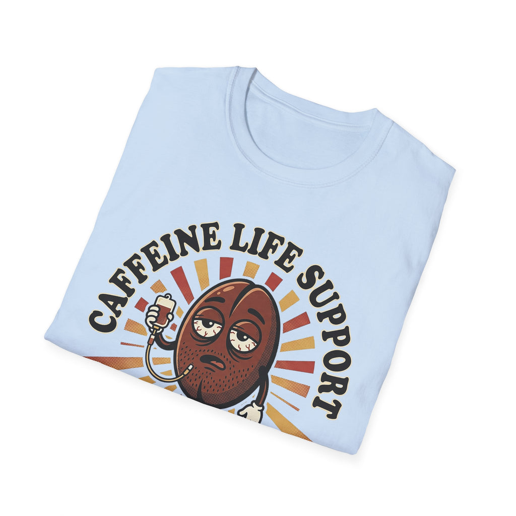 Light-blue T-Shirt mit Cartoon-Kaffeebohne und Aufdruck „CAFFEINE LIFE SUPPORT 037“