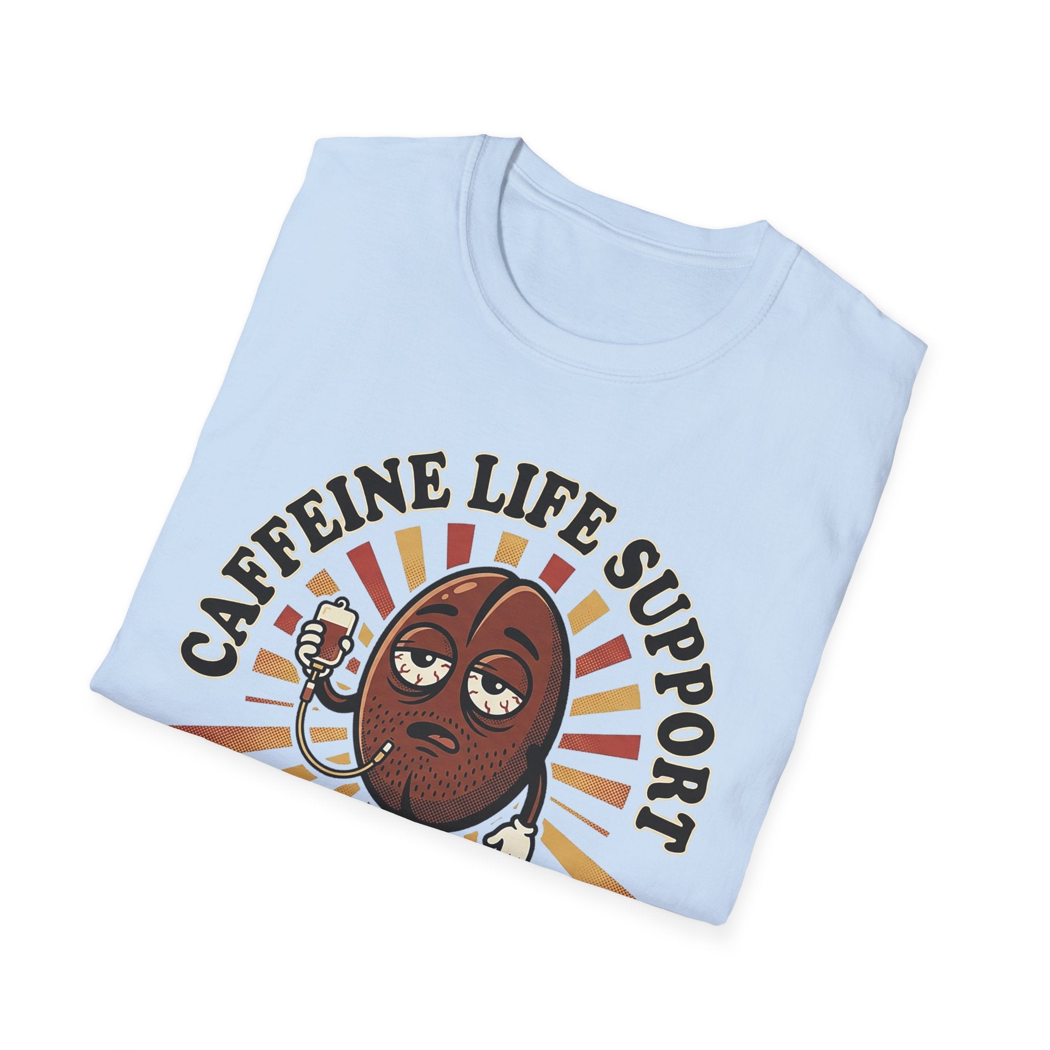 Light-blue T-Shirt mit Cartoon-Kaffeebohne und Aufdruck „CAFFEINE LIFE SUPPORT 037“