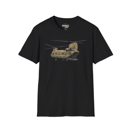 CH-47 T-shirt black with tan/green military helicopter graphic centered