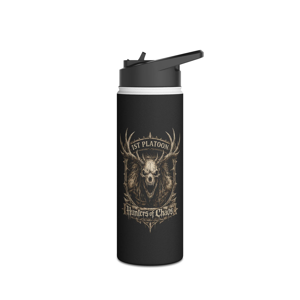 Stainless steel tumbler, black with gold deer head and Hunters of Chaos graphic