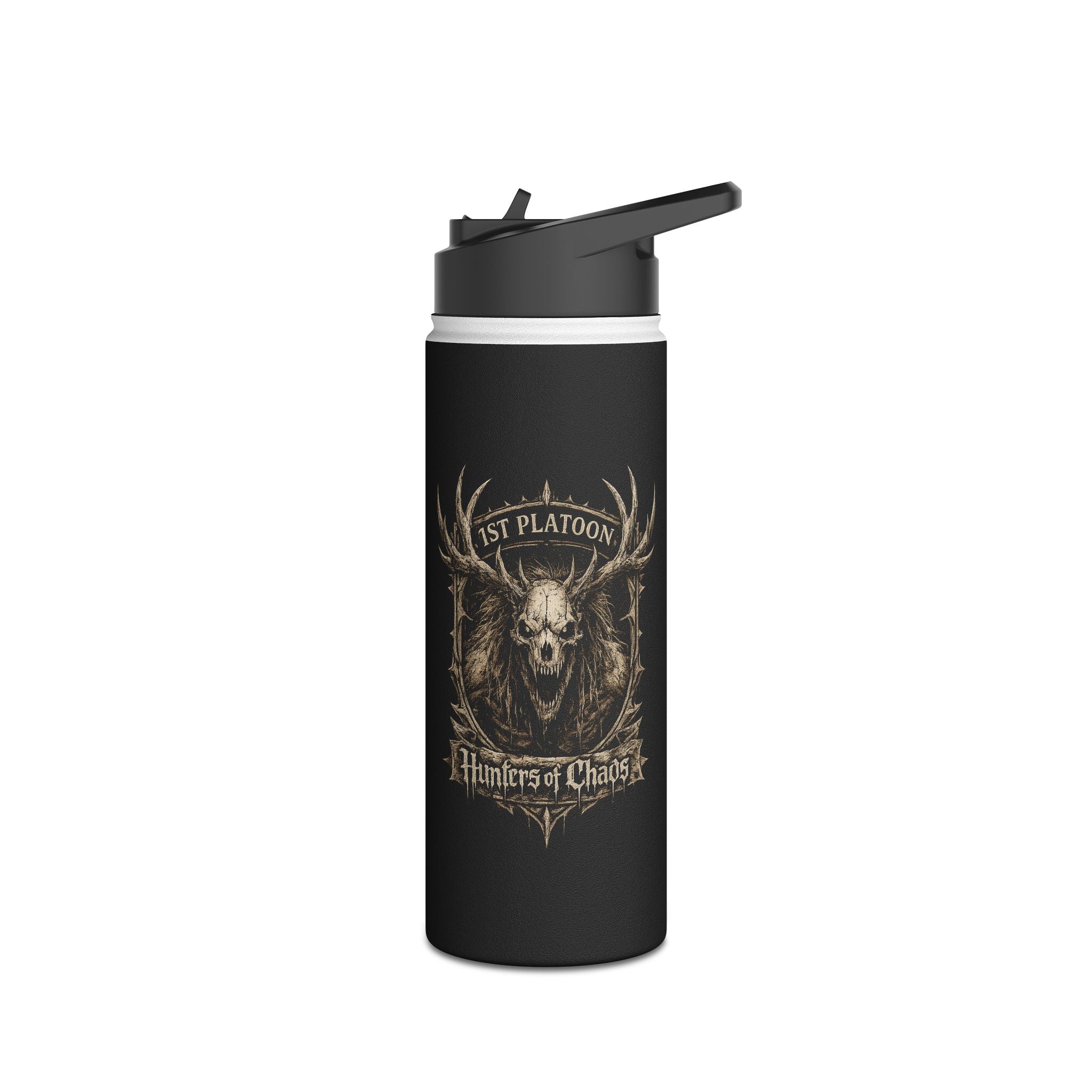 Stainless steel tumbler, black with gold deer head and Hunters of Chaos graphic
