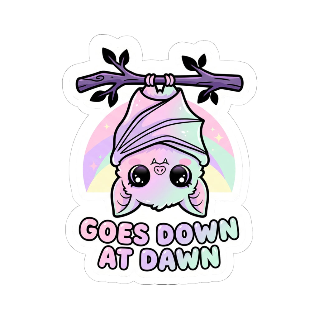 Kawaii kiss-cut vinyl sticker featuring a purple bat, pink hood, pastel halo, and "GOES DOWN AT DAWN"
