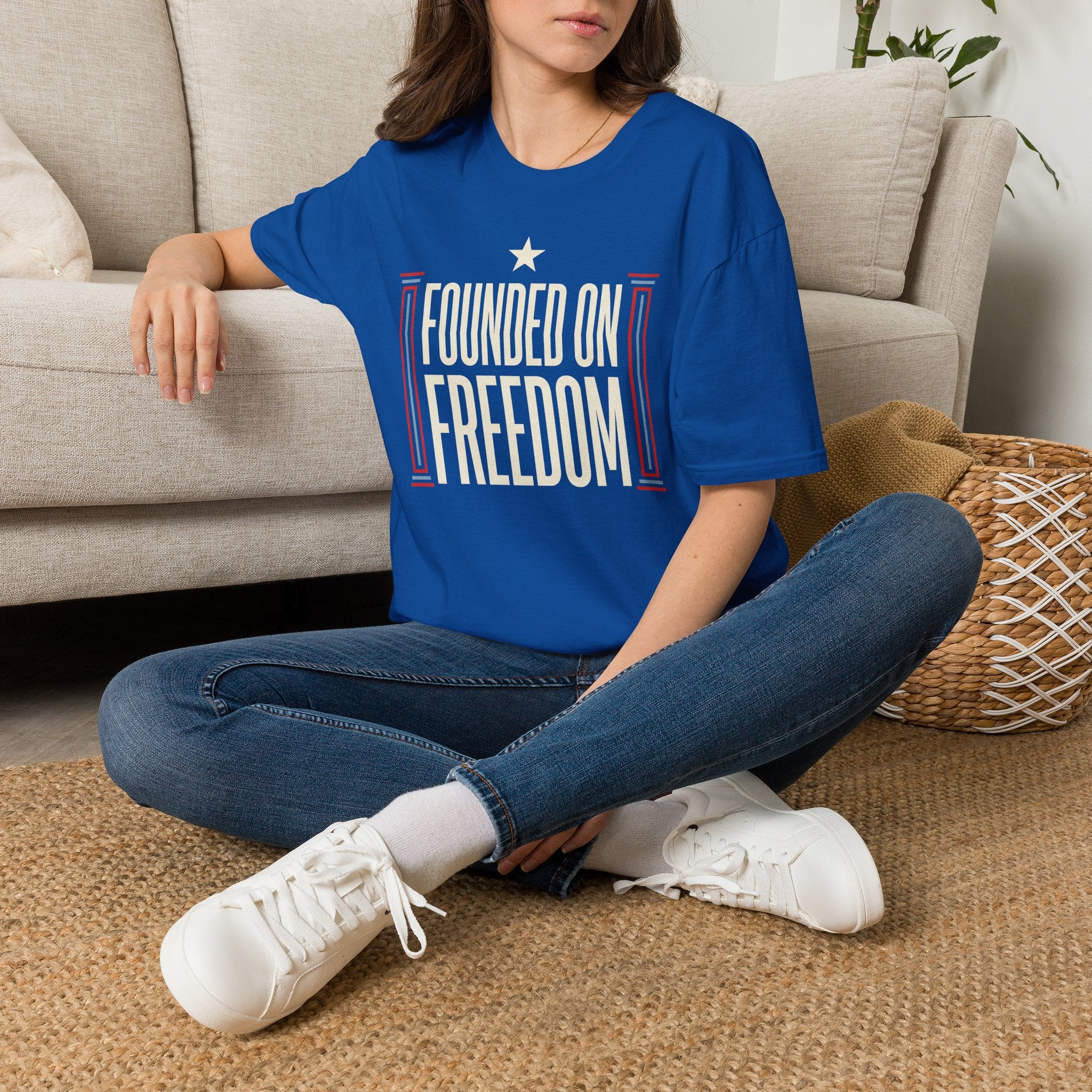 Royal blue crewneck T-shirt with star and freedom text graphic