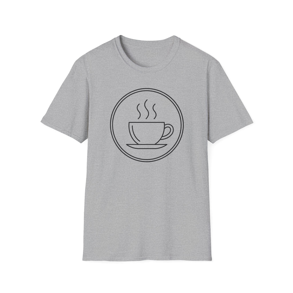 Light gray unisex t-shirt with front coffee cup and steam graphic inside a circle