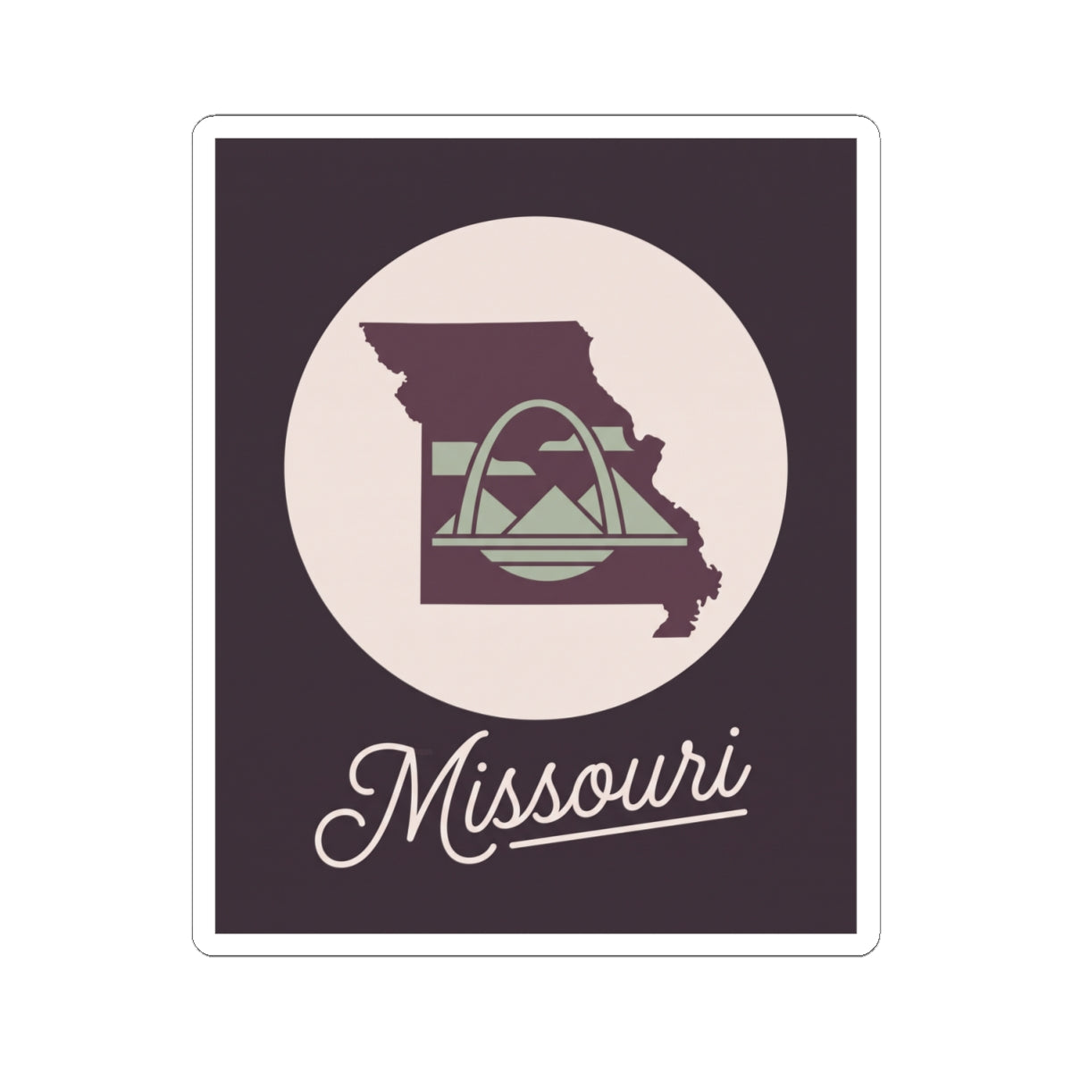 Missouri state silhouette kiss-cut decal, dark purple square with circular emblem and Missouri text