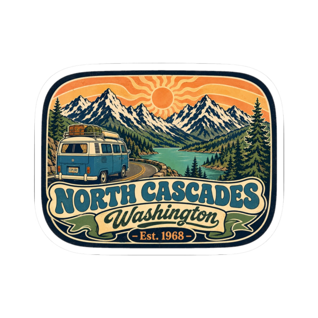 North Cascades decal sticker with blue camper van, North Cascades lettering, and sun