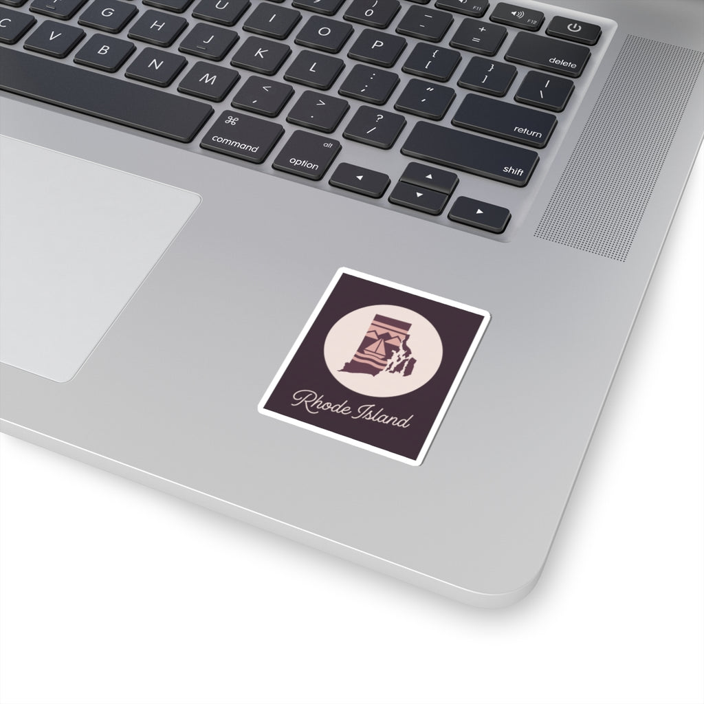 Rhode Island lighthouse state sticker with maroon emblem on laptop