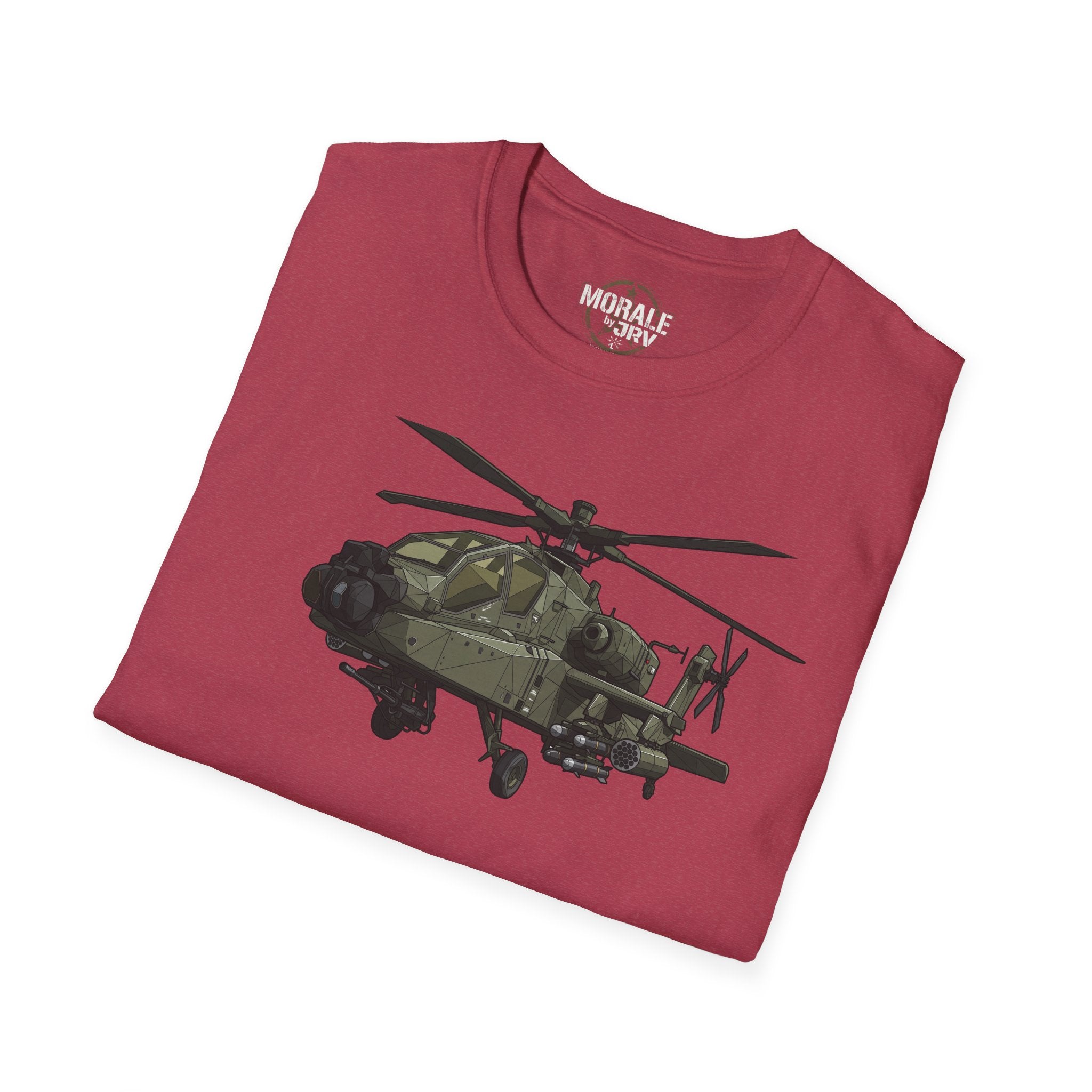 AH-64 Apache T-shirt: full helicopter graphic on maroon crewneck tee