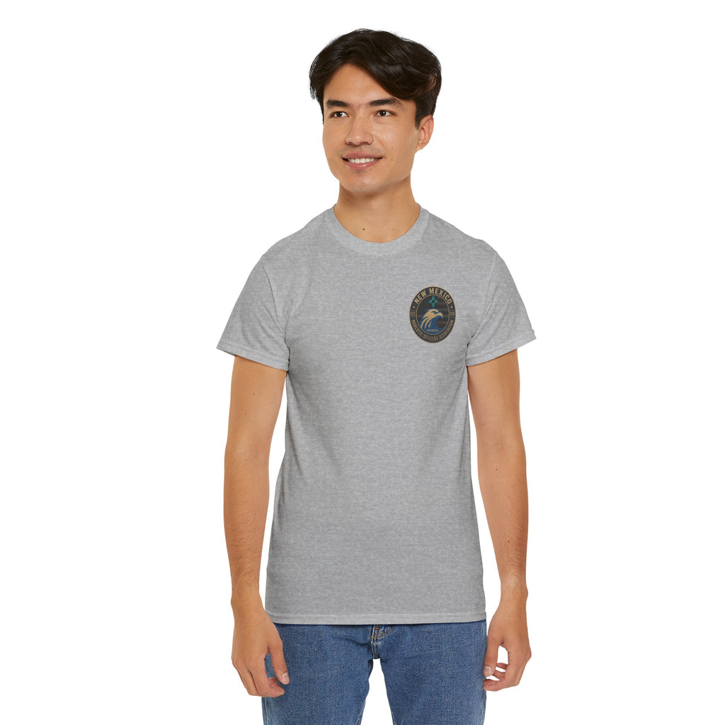 Sport grey crewneck t-shirt worn front with small chest logo