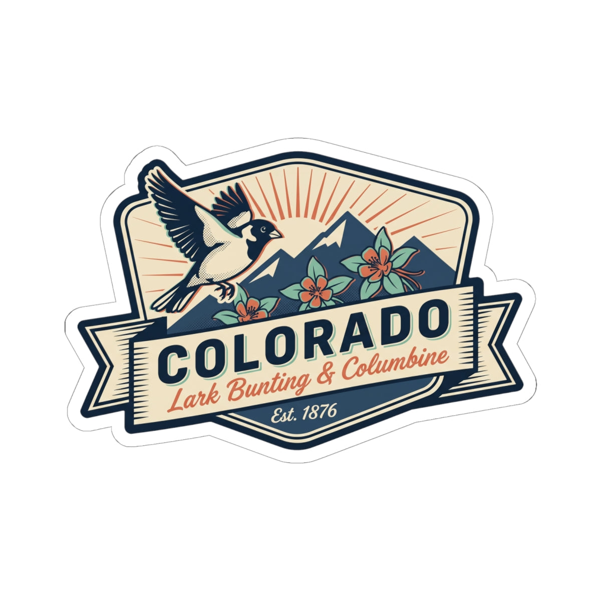 Colorado ribbon-style sticker decal with flying bird, floral accents, and Est. 1876 text