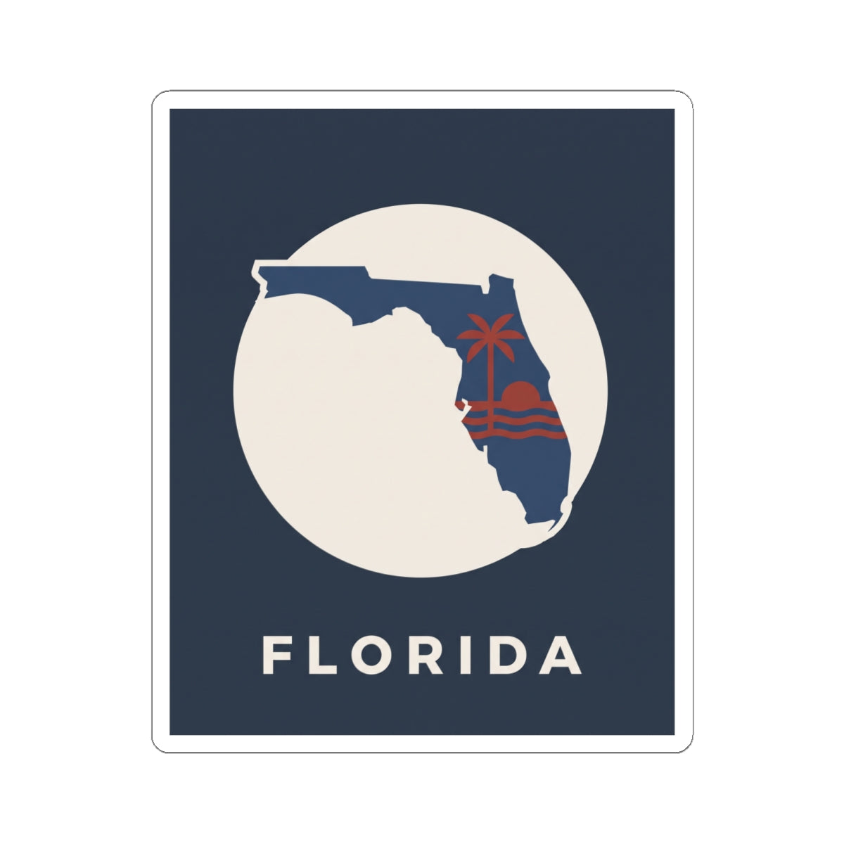 Blue Florida state sticker with white circle, red palm tree graphic, 'FLORIDA' text