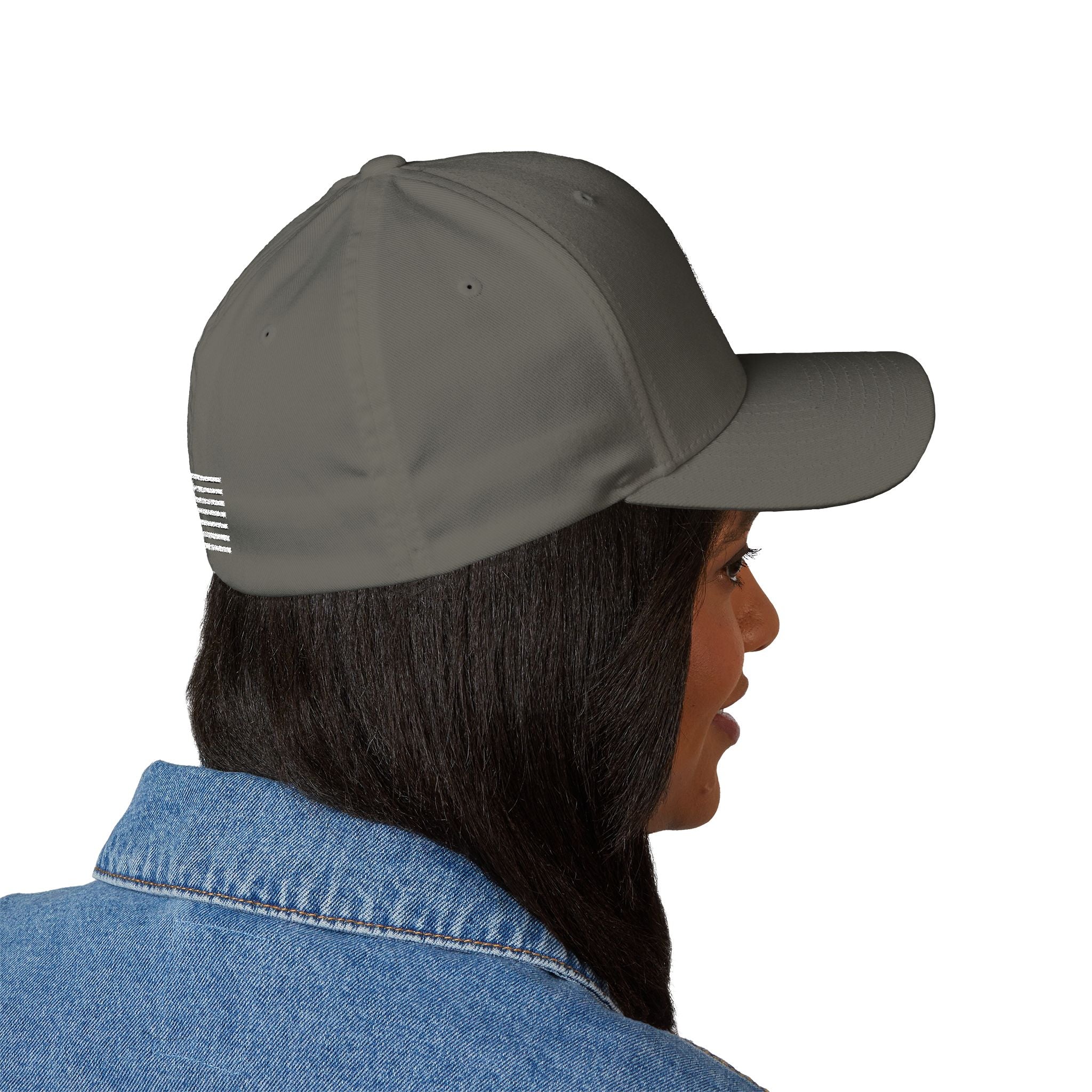 Dark gray/black baseball cap with white striped patch on the left side