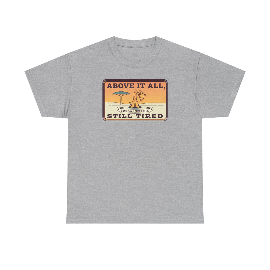Above It All Still Tired Tee | Retro Beach Scene, Coffee Cup, Sunset Vibes