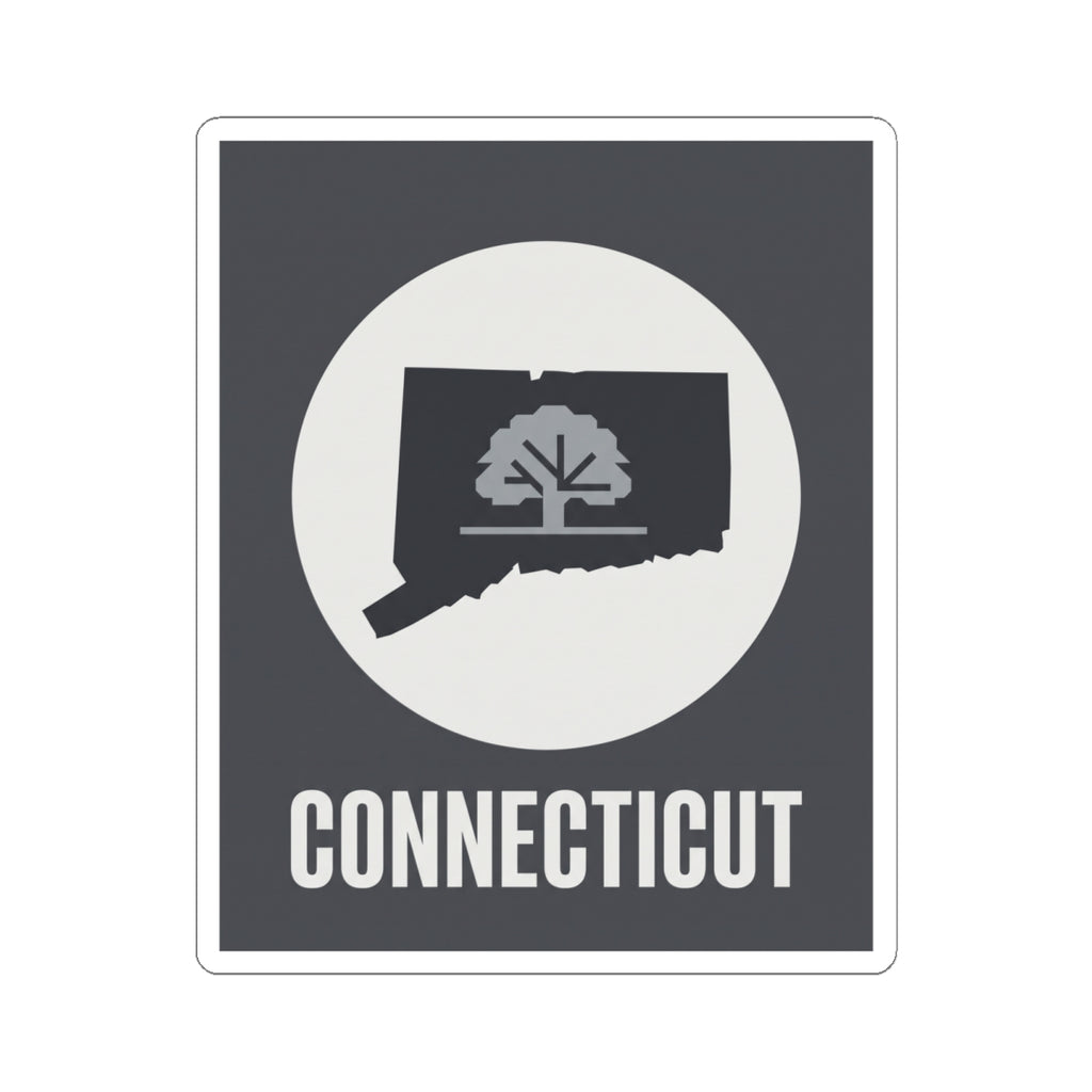 Connecticut tree silhouette kiss-cut sticker featuring white circle and CONNECTICUT lettering