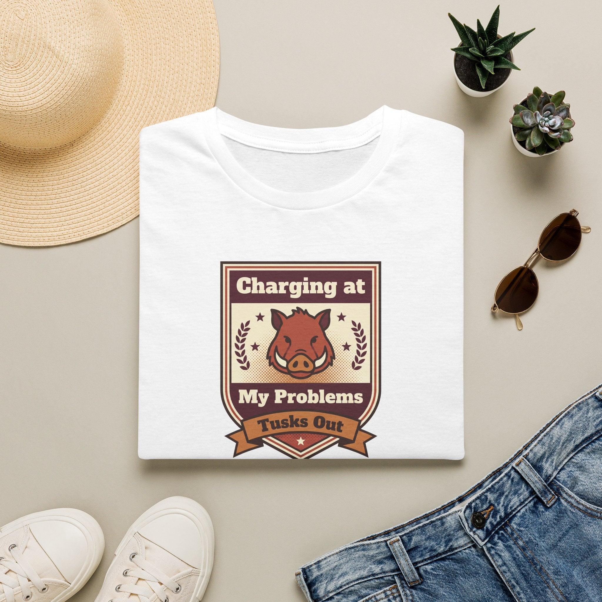 Funny Boar T-Shirt | Charging at My Problems Tusks Out Crest Graphic Tee | Wild Boar Lover Gift