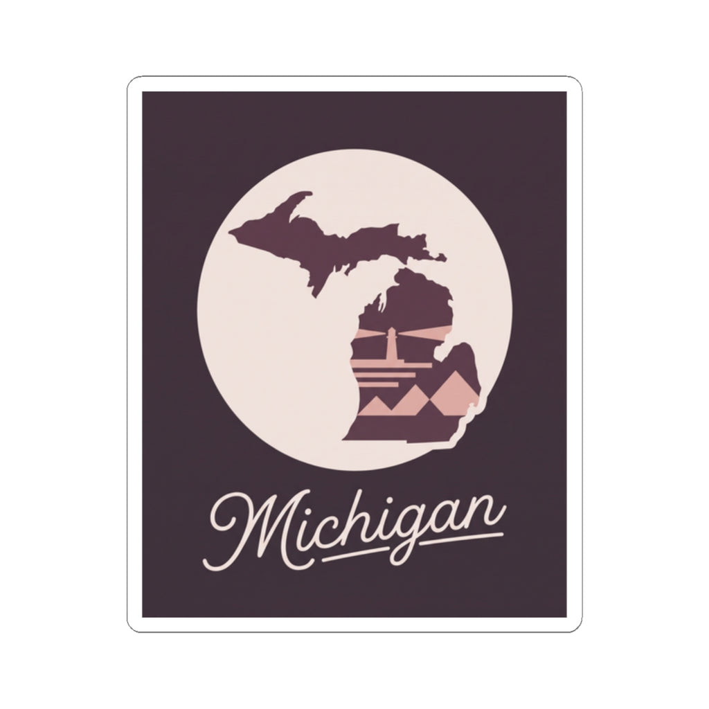Michigan kiss-cut decal featuring a cream circle, purple state outline with lighthouse, and script “Michigan”.