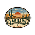 Round Saguaro Arizona travel sticker with desert horizon and orange sun