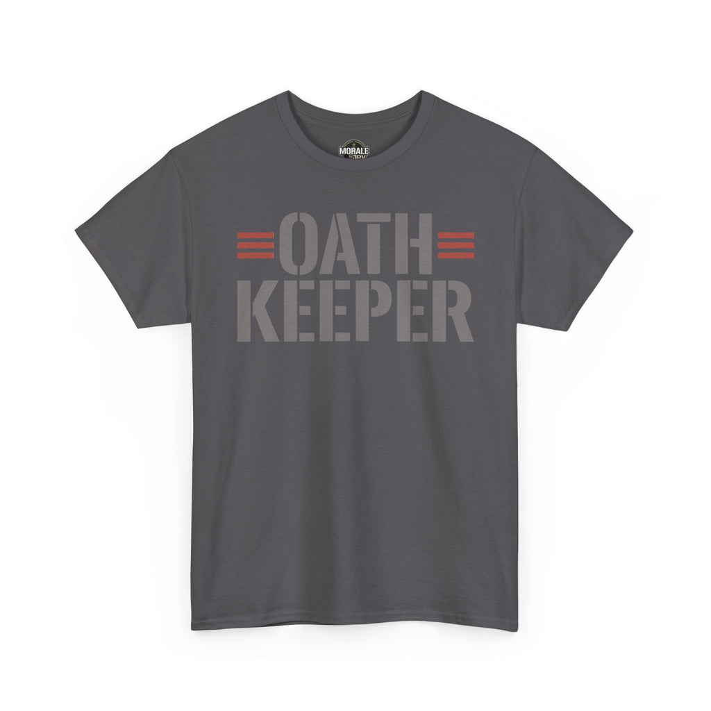Oath Keeper T-shirt in charcoal with OATH KEEPER patriotic graphic, crew neck