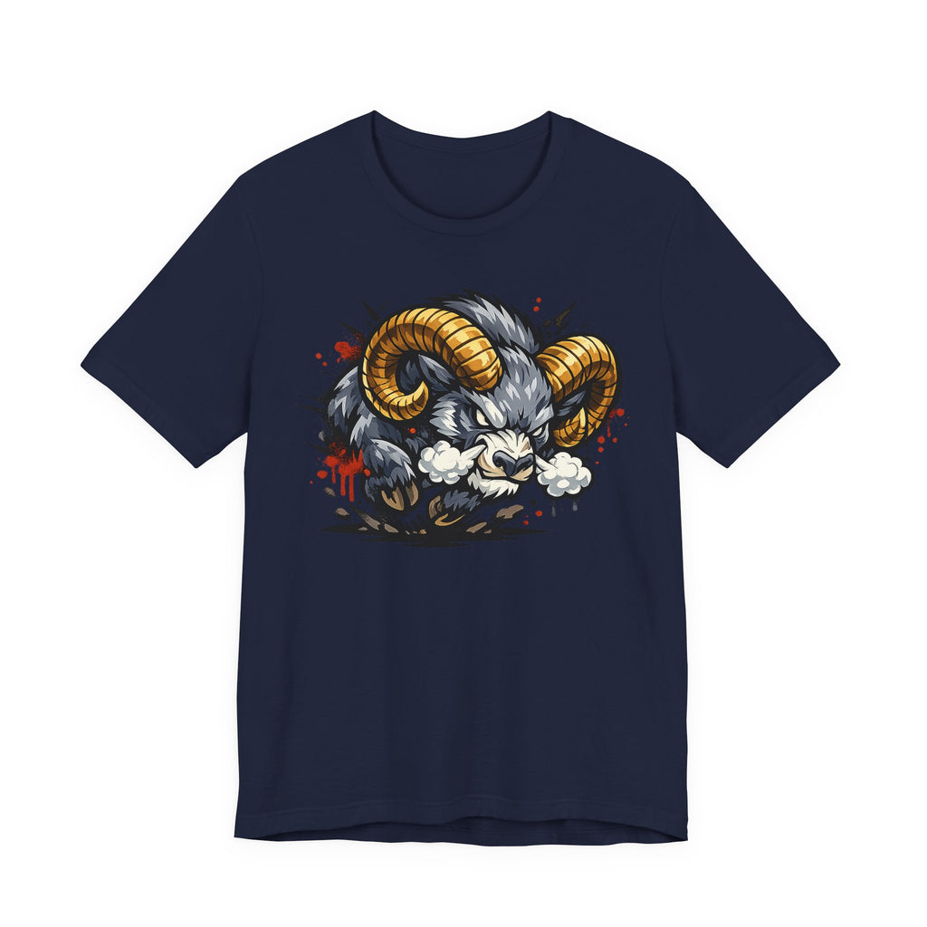 Charging Ram Illustration T-Shirt | Angry Horned Animal Graphic Tee, Wild Bighorn Art Unisex Gift