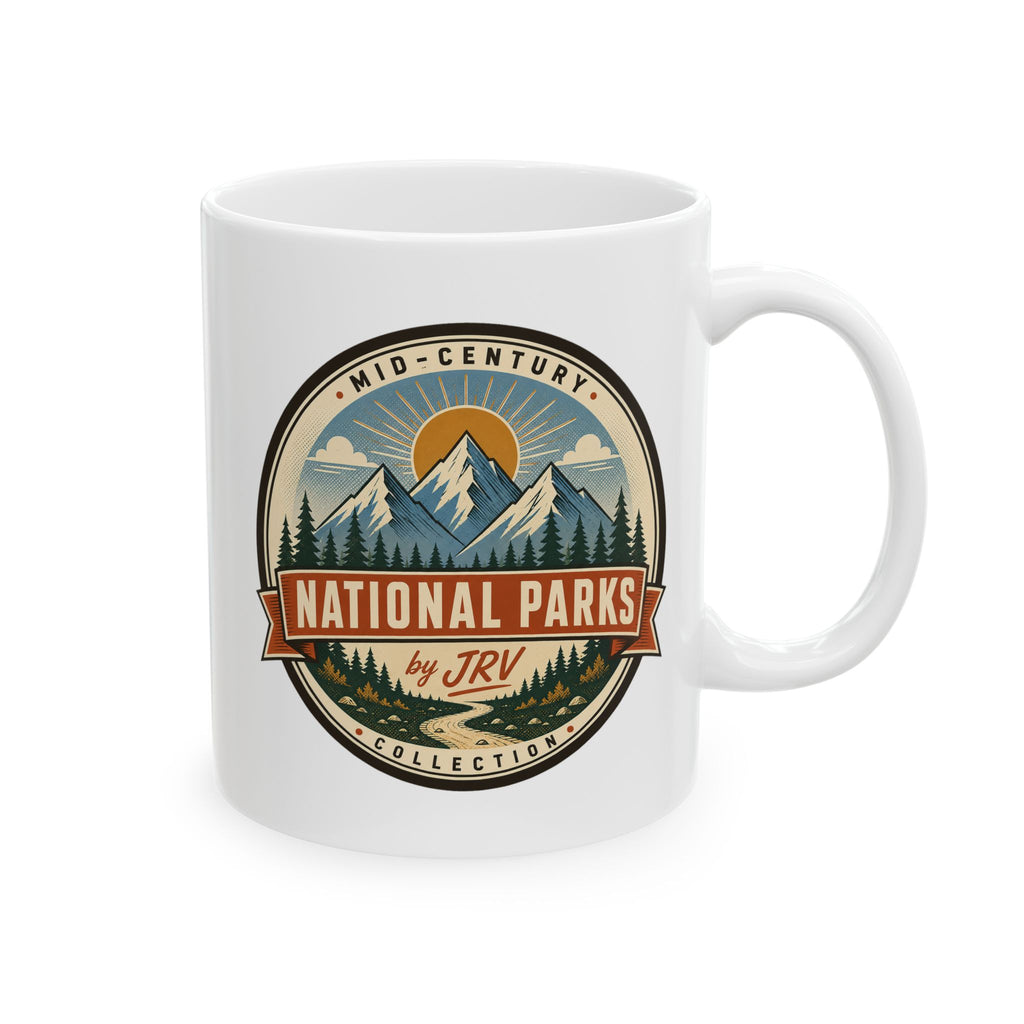 White ceramic travel mug with handle, round “Mid-Century National Parks” emblem