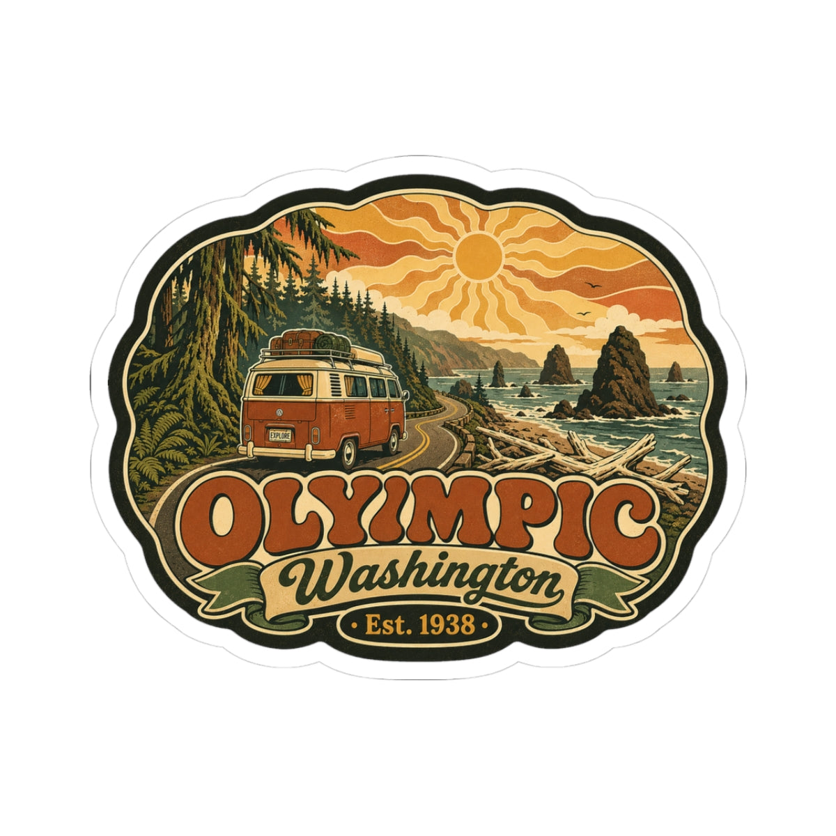 Die-cut sticker: vintage camper van, pine forest and ocean waves, “Olympic Washington”, Est. 1938