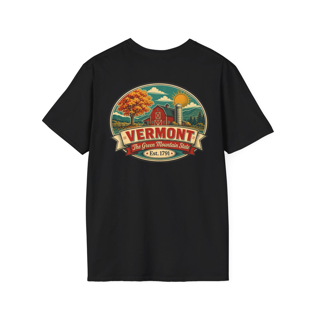 Black T-shirt with Vermont badge graphic print, short sleeves, crew neck