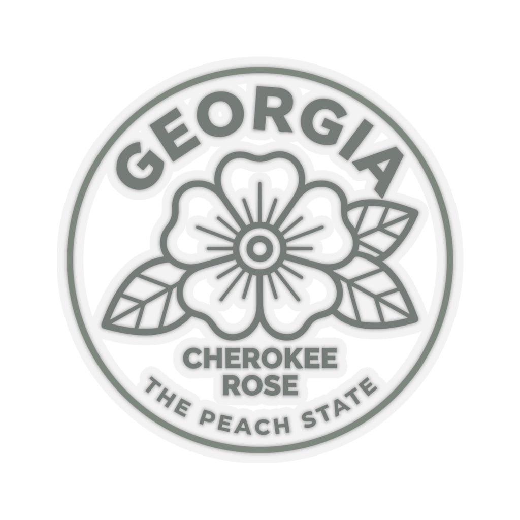 Round Georgia sticker showing Cherokee rose and “The Peach State” wording in gray