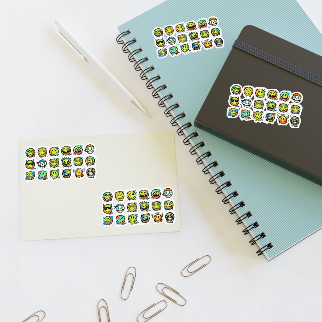Emoji face sticker decals on note cards, die-cut grin and skull icons