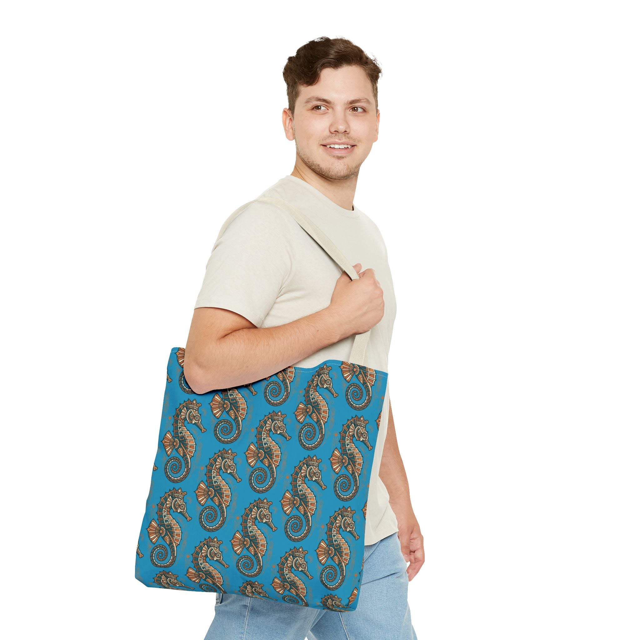 Blue tote bag with steampunk seahorse print and beige shoulder straps