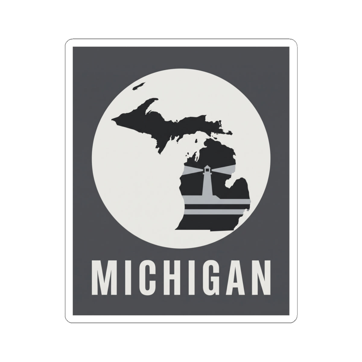 Michigan kiss-cut vinyl decal: white circle, black silhouette, and “MICHIGAN” lettering.