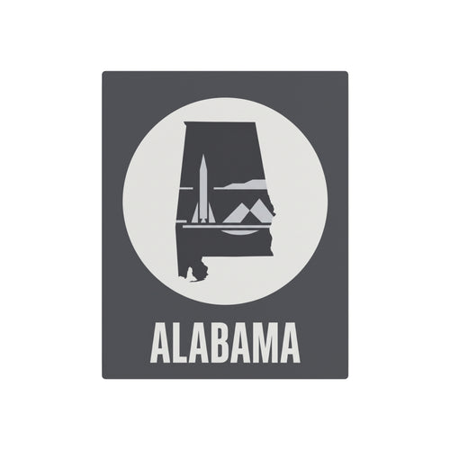 Alabama rocket skyline metal wall art, circular emblem and ALABAMA lettering