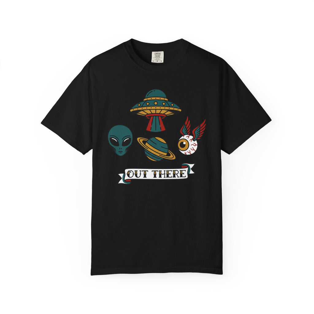 Black crewneck T-shirt with alien, UFO, and 'Out There' graphic