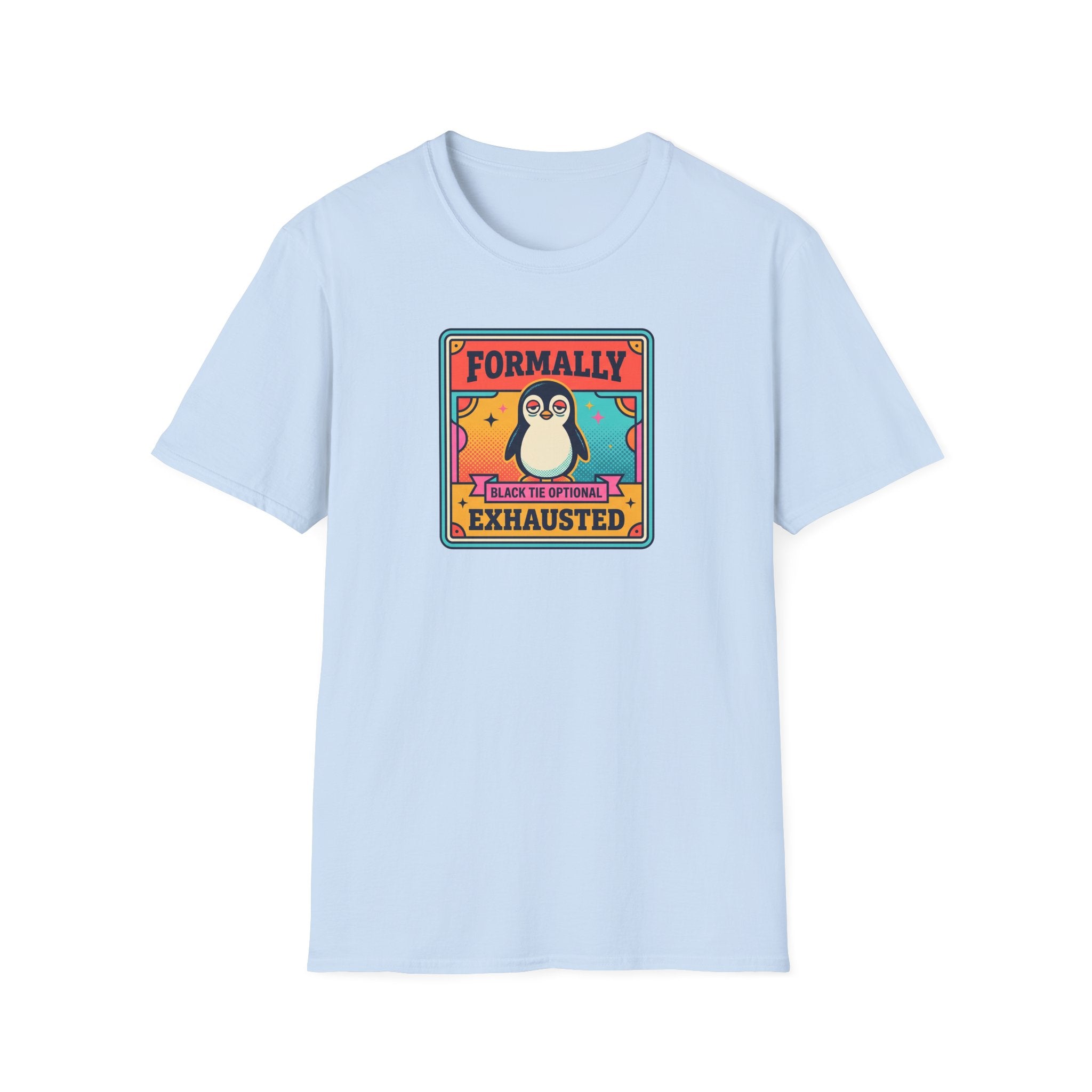 Funny Penguin T-Shirt | Formally Exhausted Black Tie Optional Retro Graphic Tee | Penguin Gift