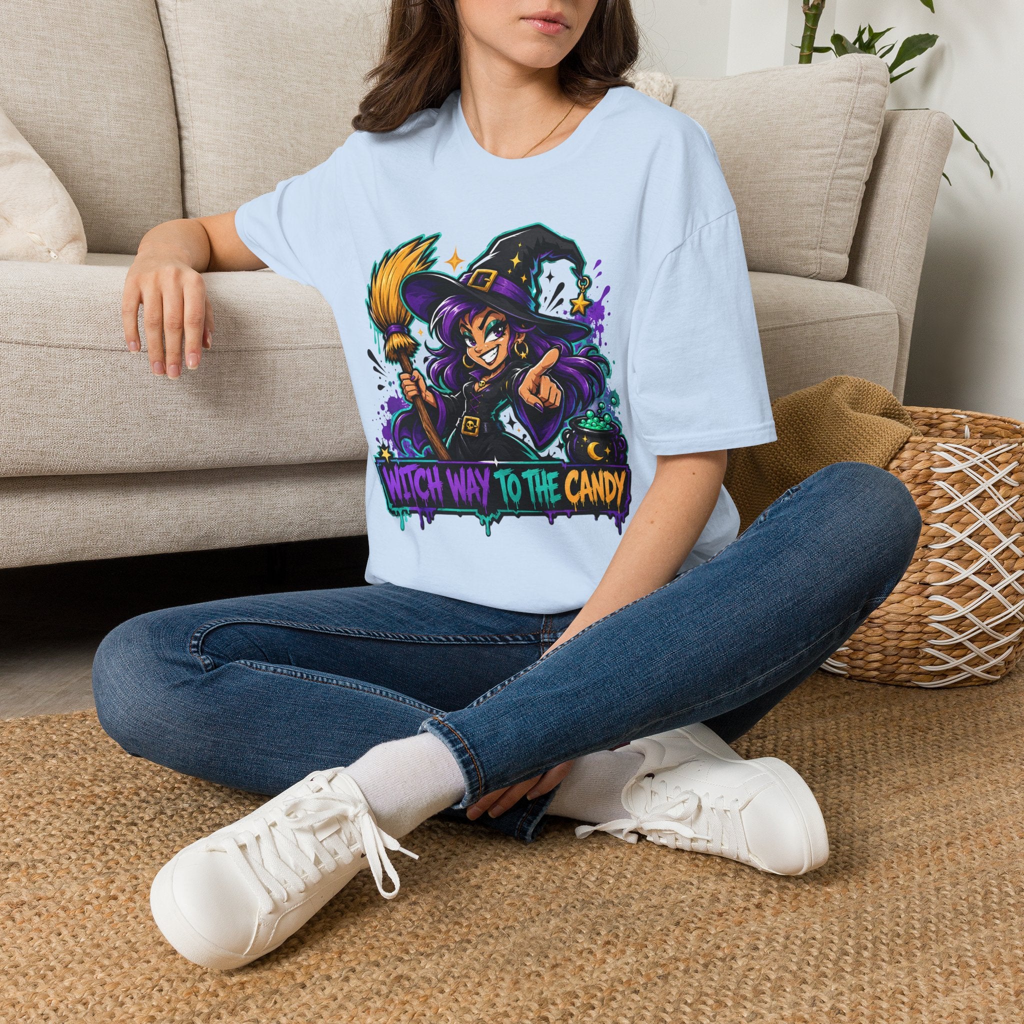 Witch Way To The Candy T-Shirt | Funny Halloween Witch Graphic Tee | Spooky Season Gift | Trick or Treat Shirt