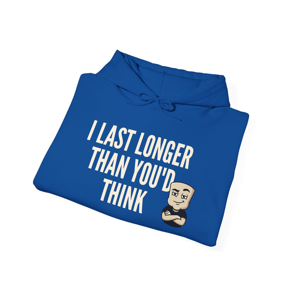 I Last Longer Than You'd Think Hoodie | Funny Adult Humor Beard Guy Graphic Sweatshirt Gift