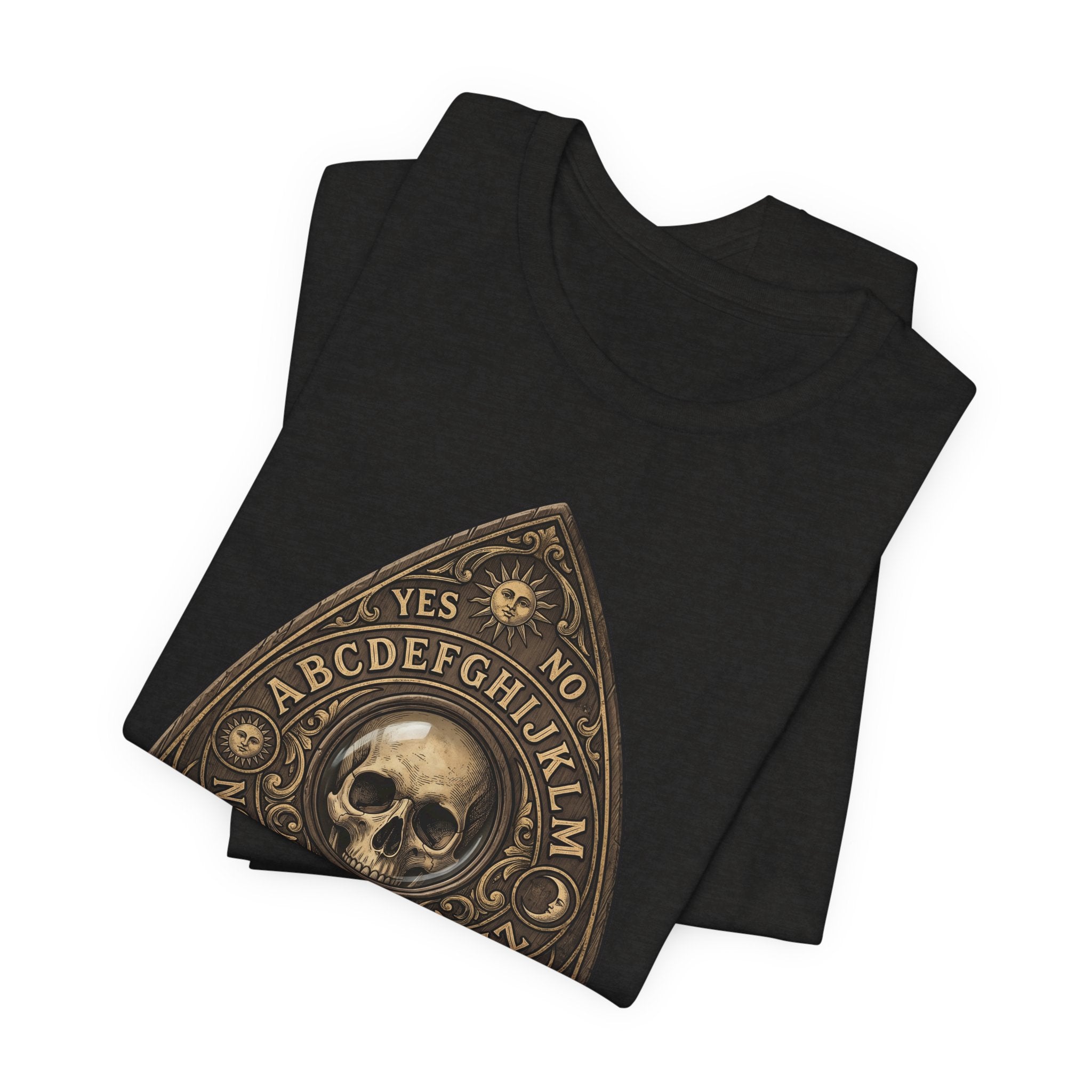Skull Planchette T-Shirt mit goldener Ouija-Dreieckgrafik, Totenkopf und YES/NO