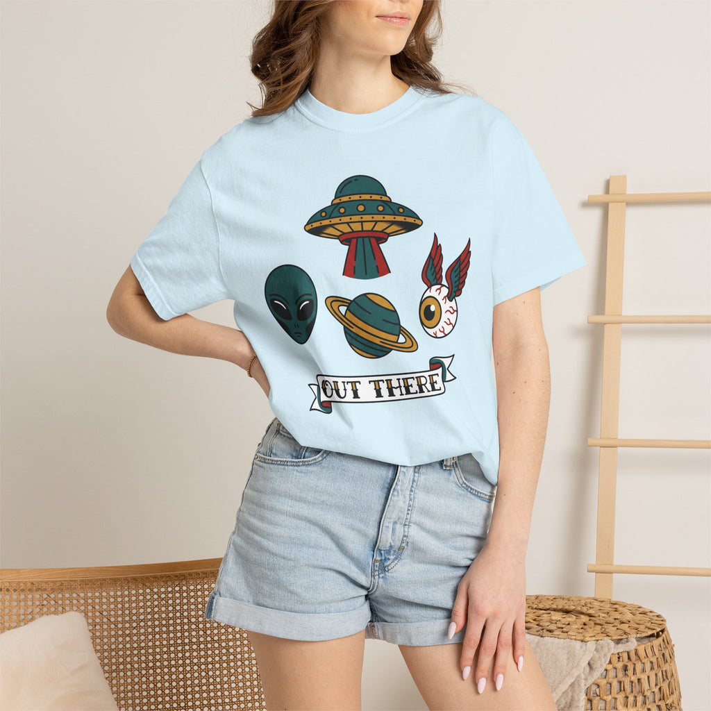 Light blue crew-neck T-shirt with UFO and alien graphic on model