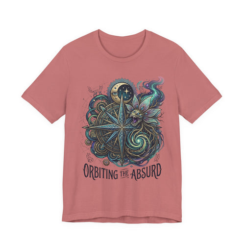 Dusty rose unisex T-shirt featuring celestial compass, owl-and-leaves graphic, “Orbiting the Absurd”