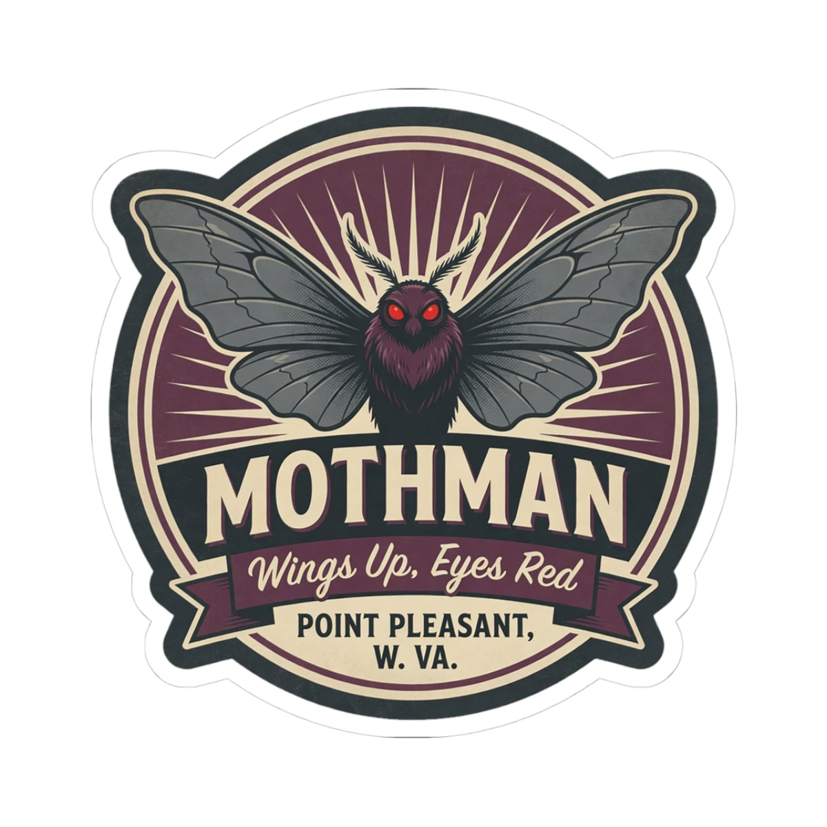 Mothman emblem kiss-cut sticker: round badge with dark wings, red eyes, star banner