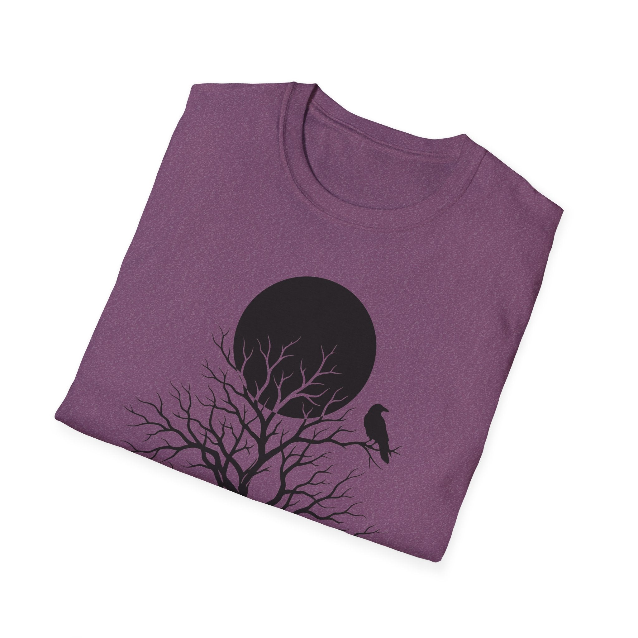 Dark Heather T-shirt with moonlit tree and raven silhouette graphic