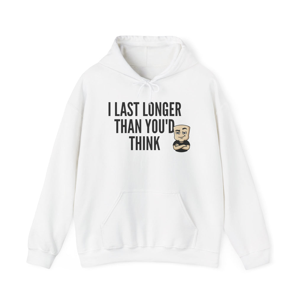 I Last Longer Than You'd Think Hoodie | Funny Adult Humor Beard Guy Graphic Sweatshirt Gift